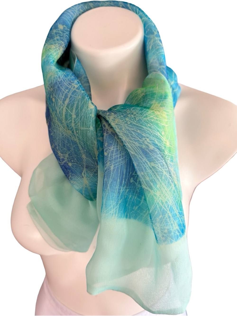 Vintage Silk Chiffon Scarf Teal Blue Mint Abstract Print 16x42 - Picture 5 of 5